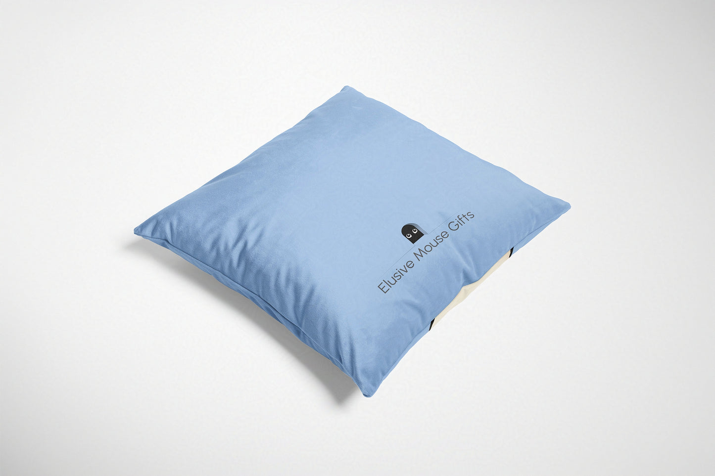 Blue cushion with 'Elusive Mouse Gifts' branding on a white background
