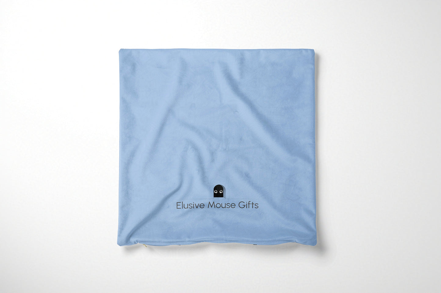 Blue cushion cover with a logo on a white background