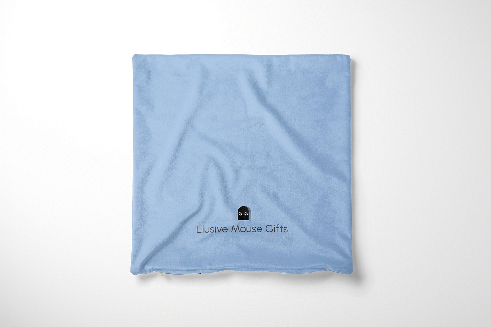 Blue cushion cover with a logo on a white background