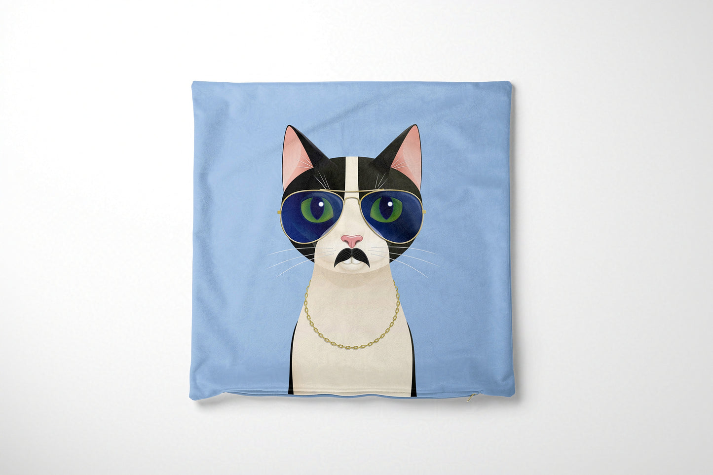 Cushion cover with a cat design wearing sunglasses and a moustache on a light blue background