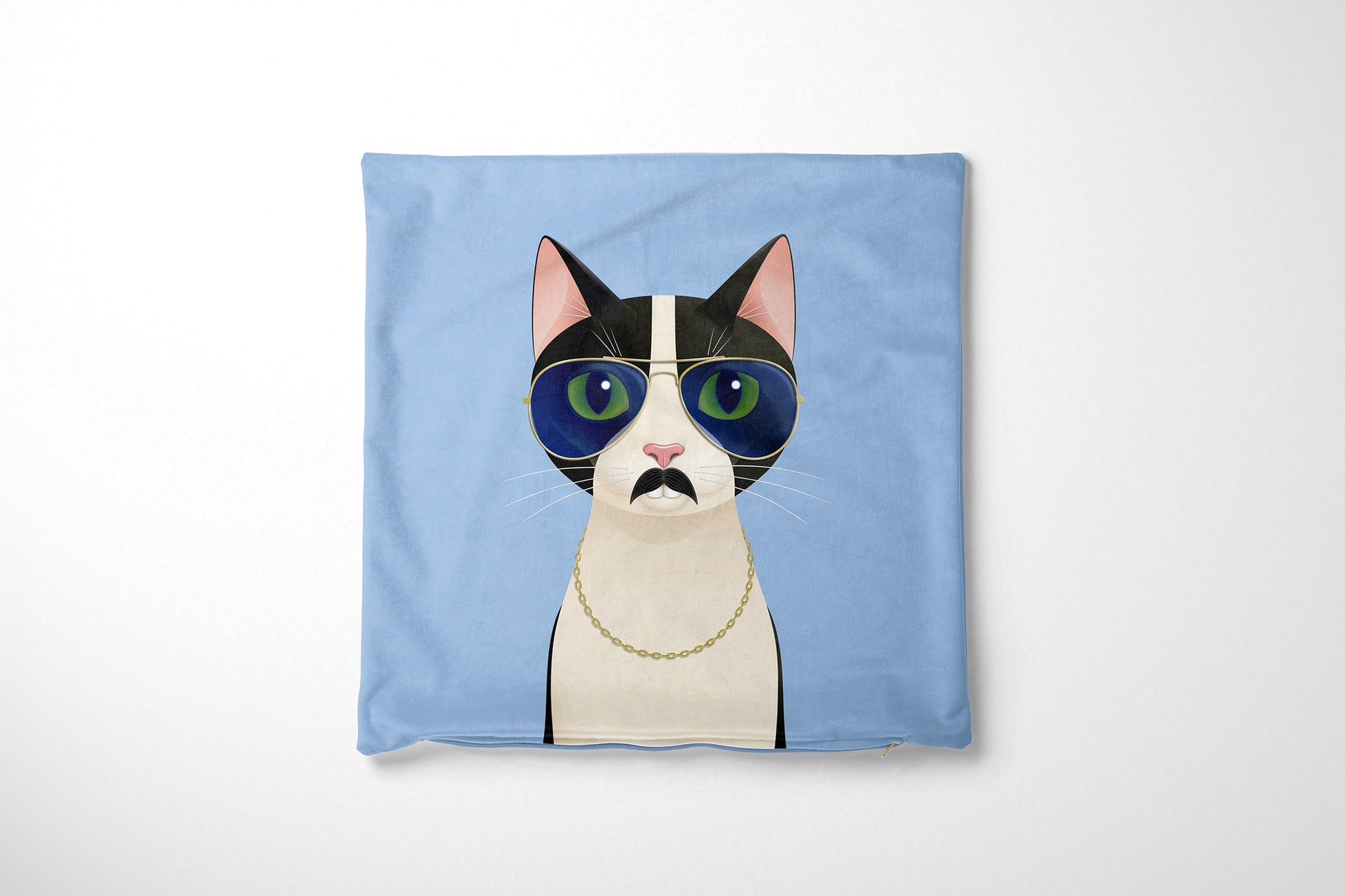 Cushion cover with a cat design wearing sunglasses and a moustache on a light blue background