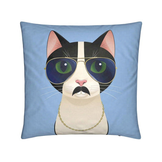 Freddie the cat cushion with aviator sunglasses, moustache, and gold chain, facing forward on a blue background