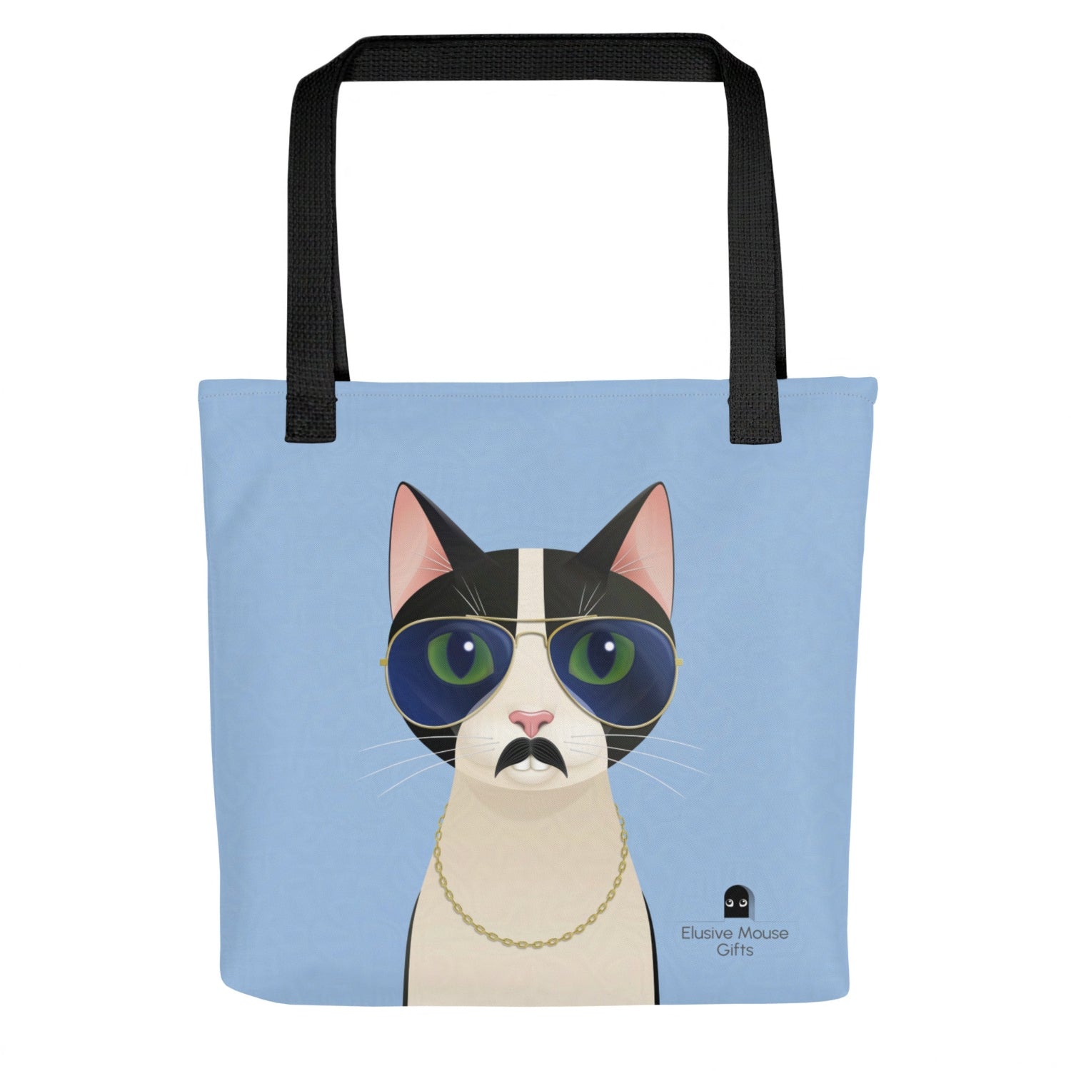 Front-facing tote bag featuring Freddie in full disguise; sunglasses, moustache, and bling, against a blue background
