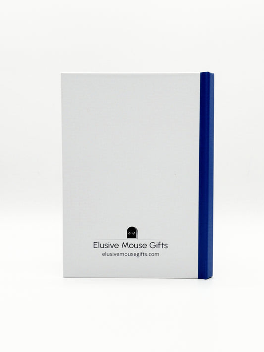 White notebook with a blue spine and 'Elusive Mouse Gifts' branding on a white background