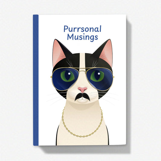 5x7 inch journal showing Freddie the cat in aviators, moustache, and chain, with ‘Purrsonal Musings’ text on a white background