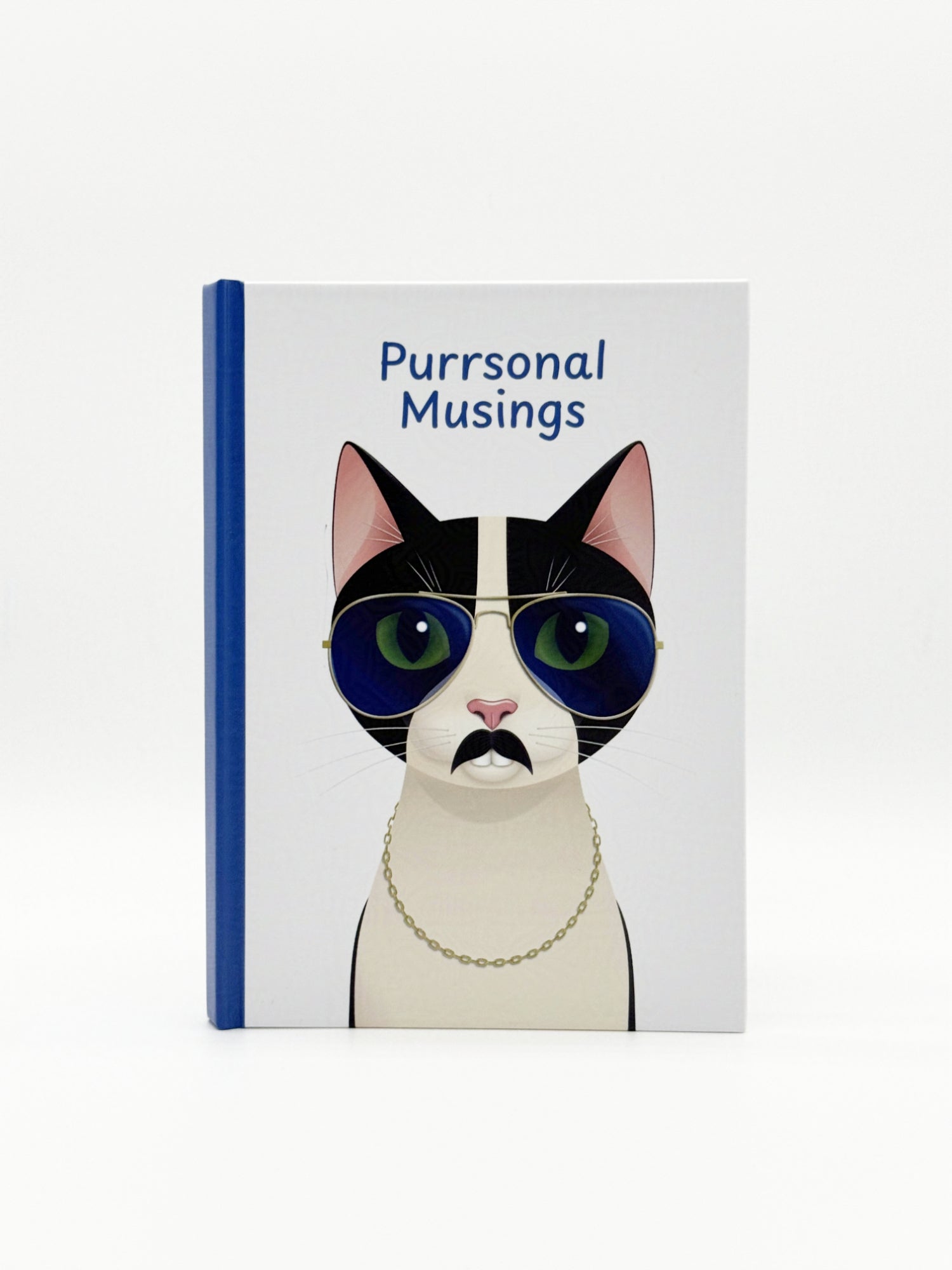Notebook with a cat illustration and 'Purrsonal Musings' text on a white background