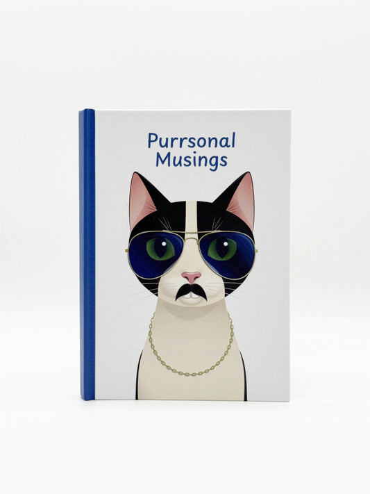 Notebook with a cat illustration and 'Purrsonal Musings' text on a white background