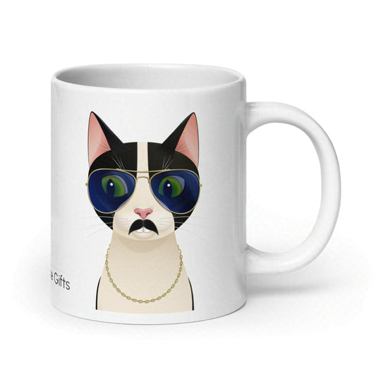 Back side of Freddie cat 20oz mug showing the handle and rear curve of the design against a white backdrop