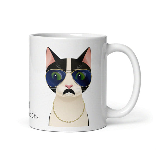 Back side of Freddie cat 11oz mug showing the handle and rear curve of the design against a white backdrop
