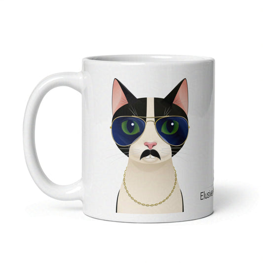 11oz mug with Freddie the tuxedo cat wearing aviator sunglasses, a fake moustache, and gold chain on clean white background