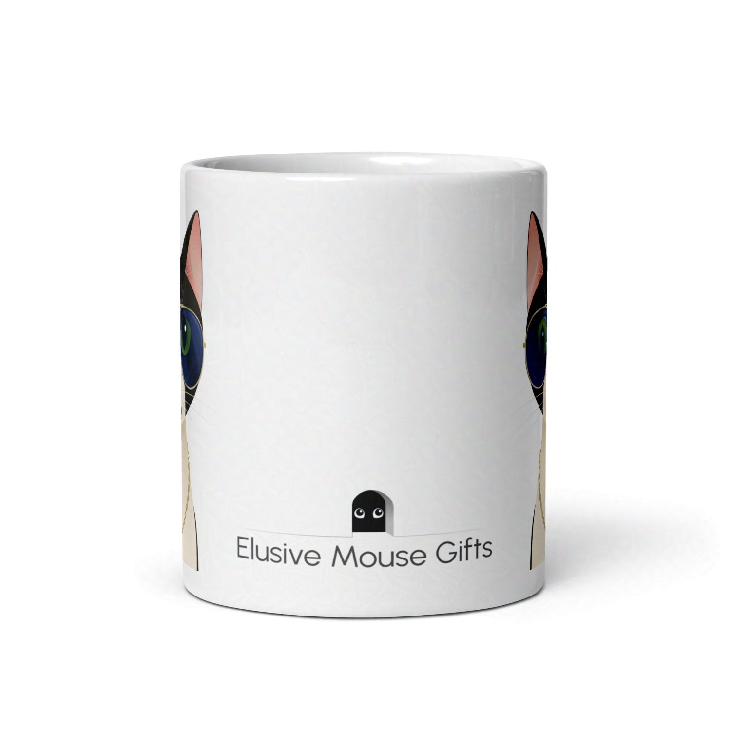 Side view of 11oz Freddie mug showing a tiny mouse peeking nervously from a mousehole toward the cat design on the back