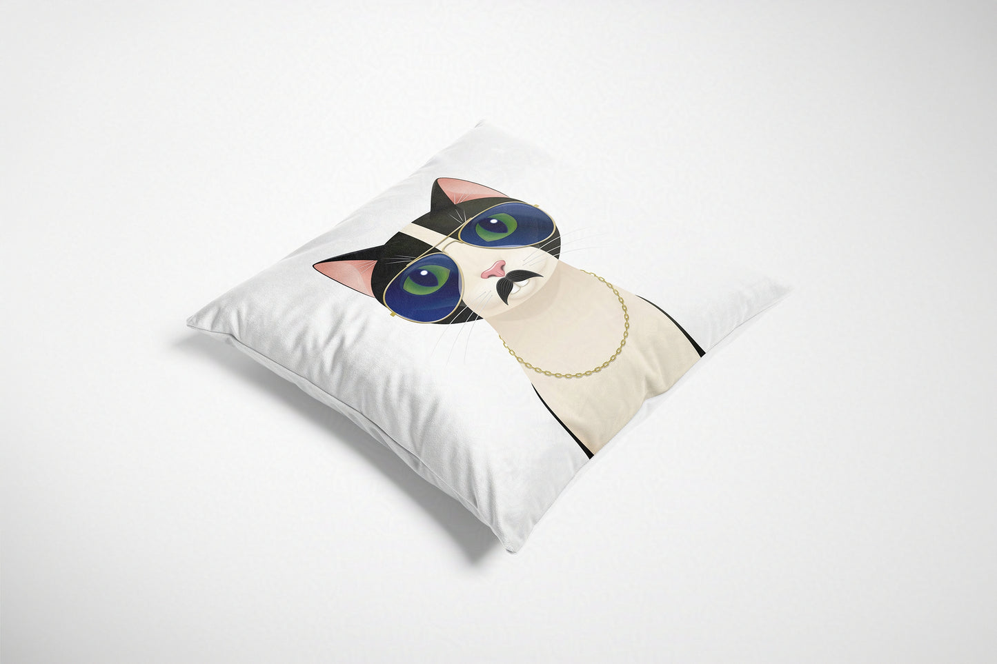 Decorative cushion with a cat design on a white background