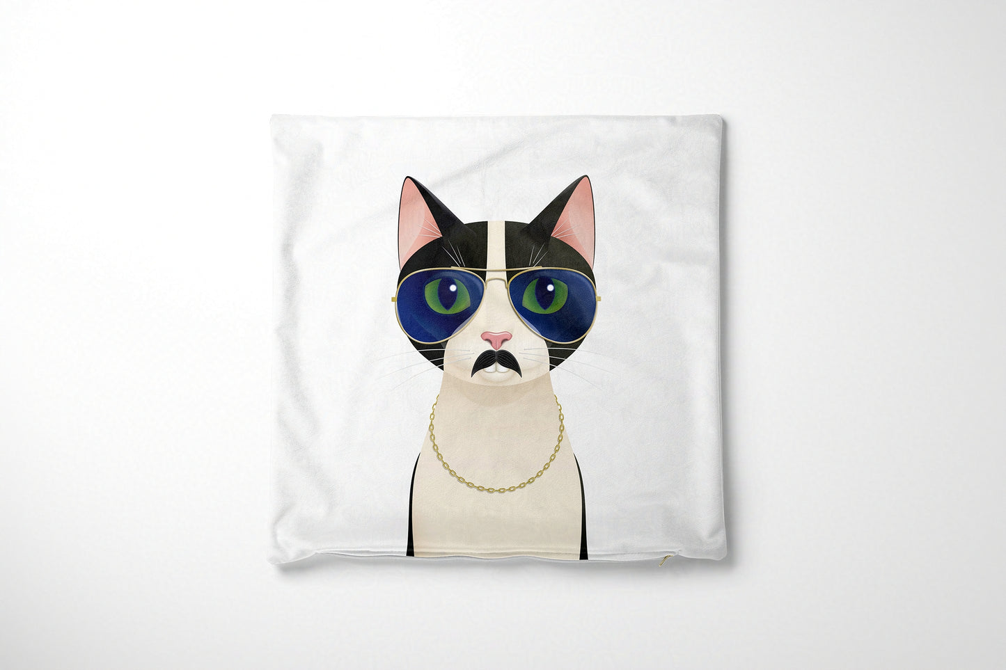 Cushion cover with a cat design wearing glasses and a moustache on a white background