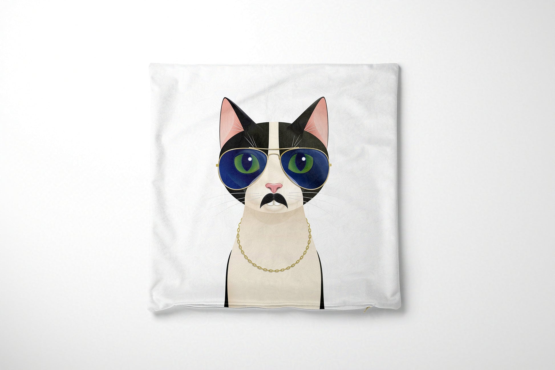 Cushion cover with a cat design wearing glasses and a moustache on a white background