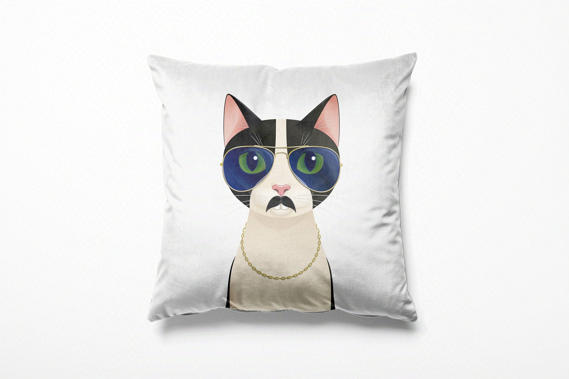 White cushion with a cat illustration on a white background