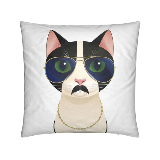 Freddie the cat cushion with aviator sunglasses, moustache, and gold chain, facing forward on a white background