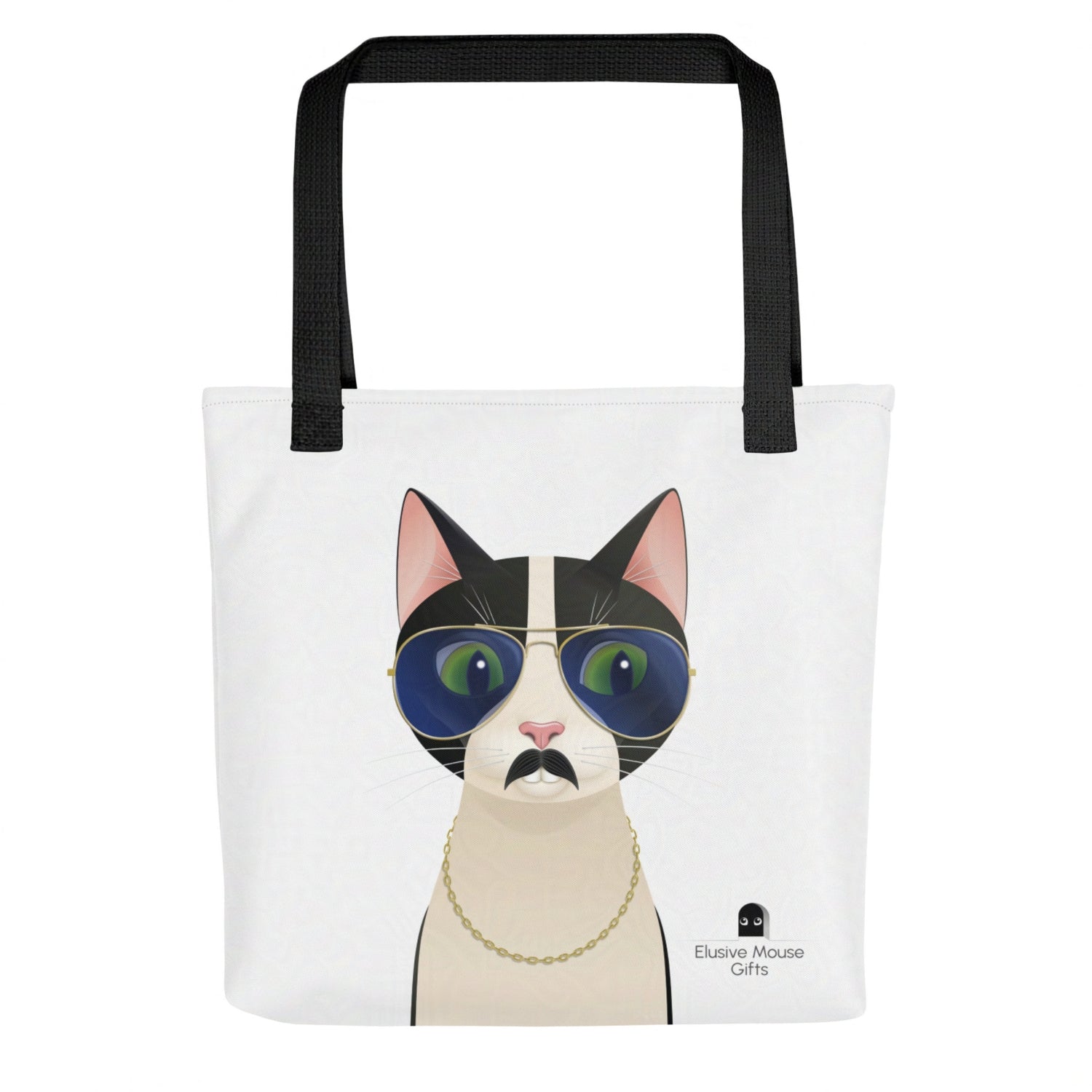 Back view of Freddie tote bag with the cat glancing down toward a nervous mouse in a mousehole, against a white background