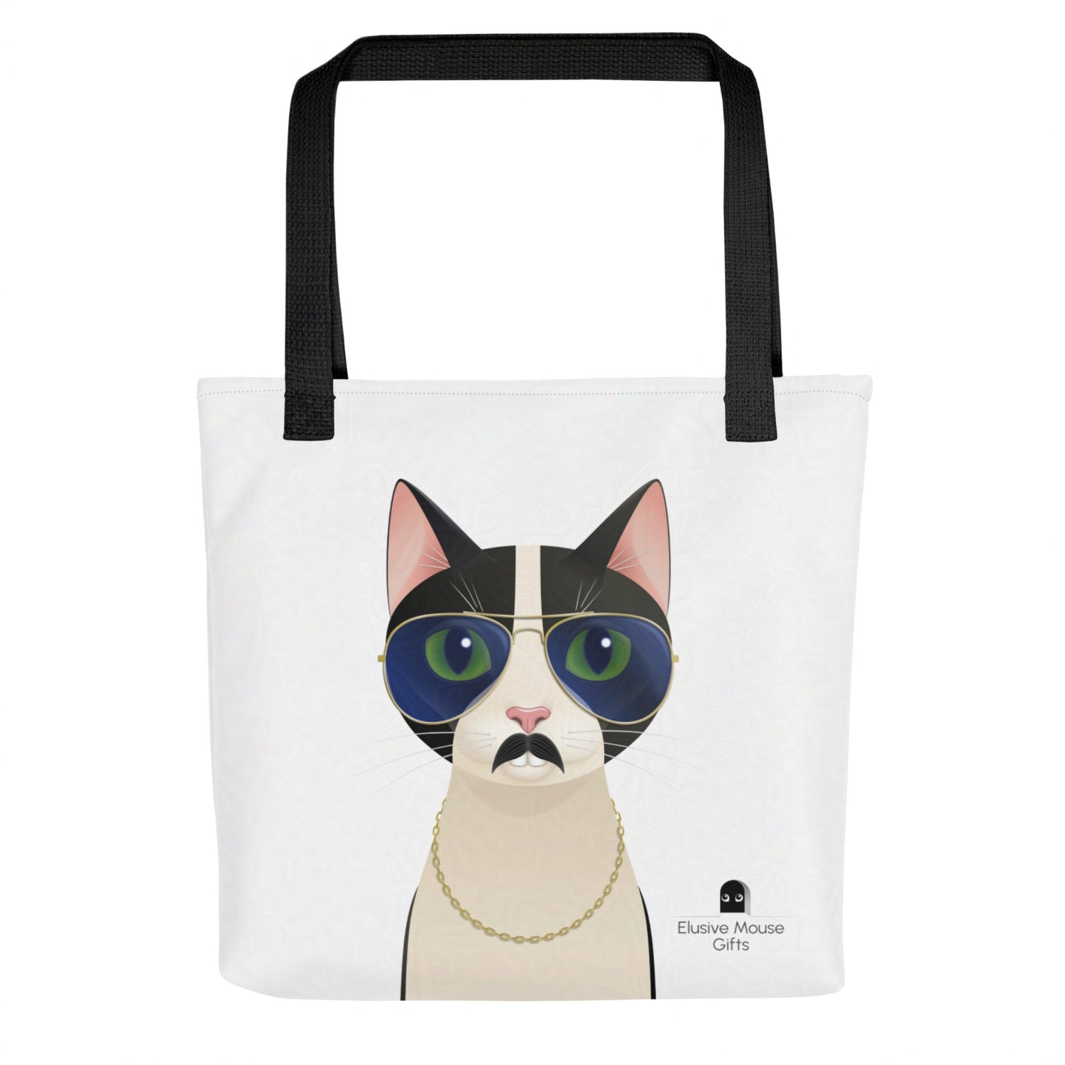 Front-facing tote bag featuring Freddie in full disguise; sunglasses, moustache, and bling, against a white background