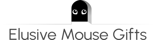 Logo for Elusive Mouse Gifts showing a mouse peeking out from the darkness of a mouse hole