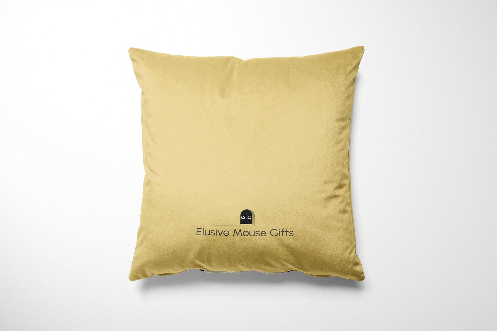 Yellow cushion with 'Elusive Mouse Gifts' logo on a white background
