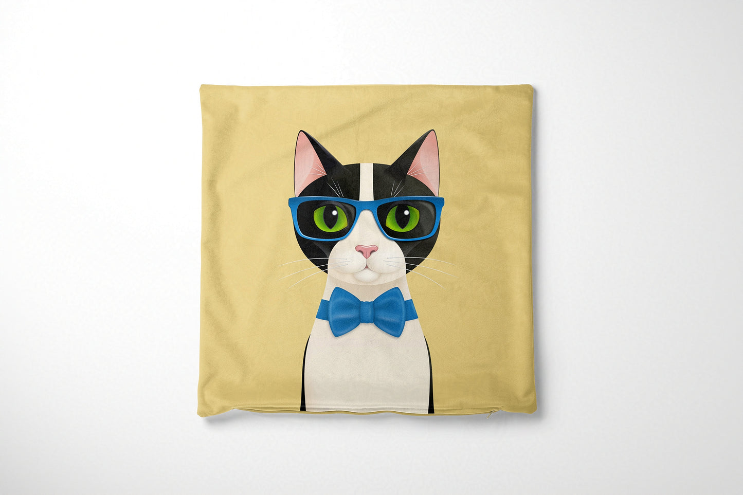 Cushion cover with a cat design wearing glasses and a bow tie on a yellow background
