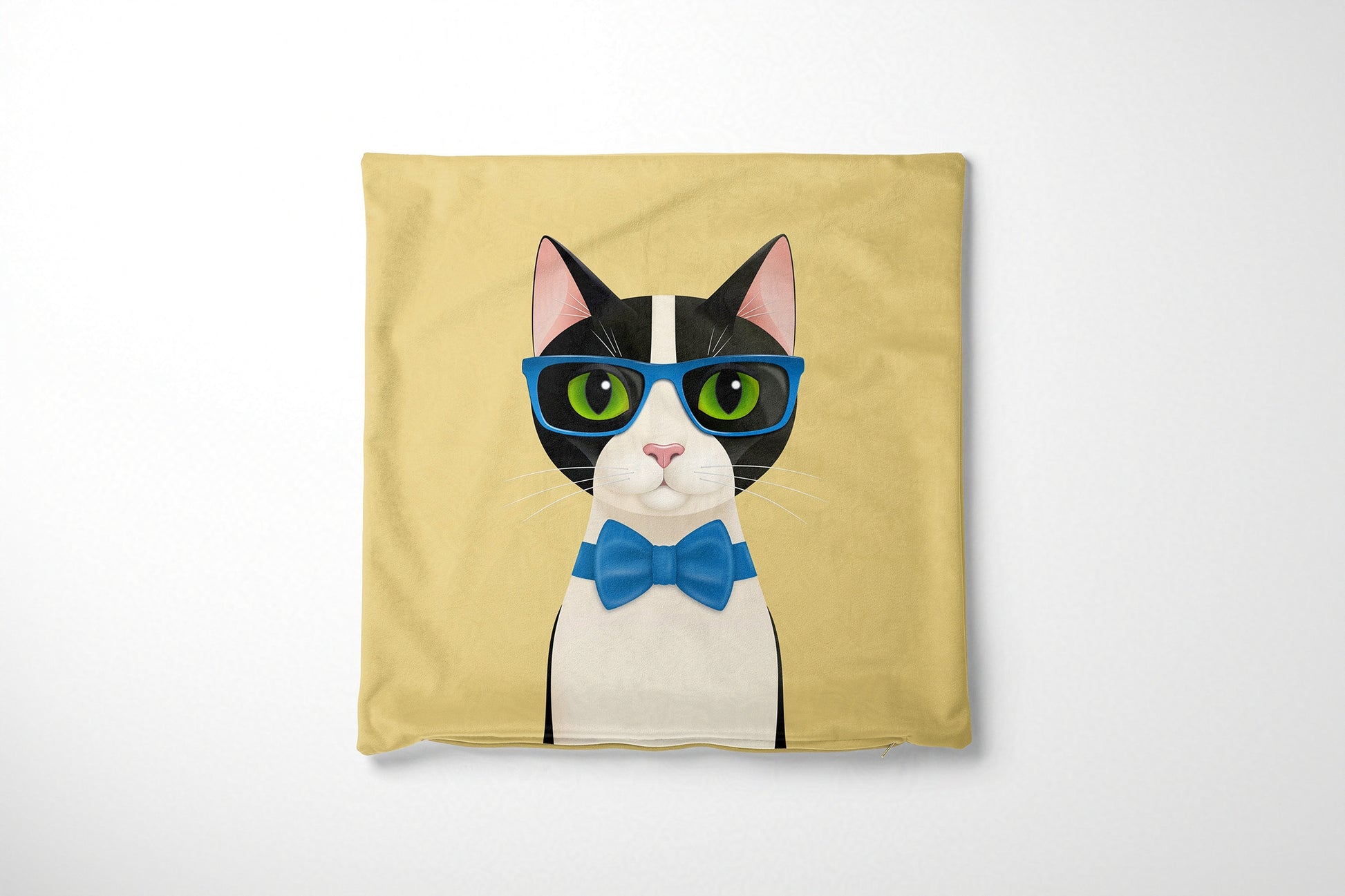 Cushion cover with a cat design wearing glasses and a bow tie on a yellow background