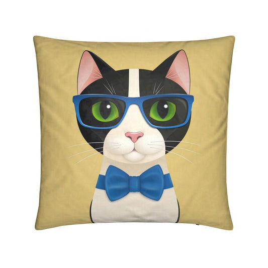 Square cushion with Mr Cat in blue glasses and bow tie, looking forward on a yellow background
