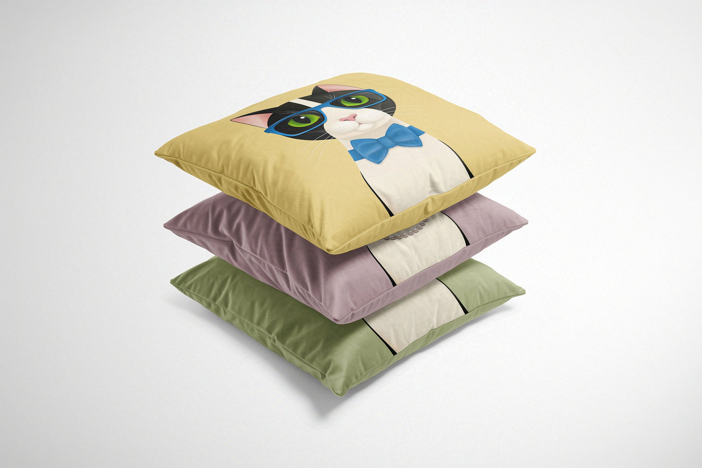 Stack of cat-themed decorative cushions on a white background