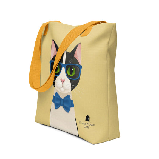 Tote bag featuring Mr Cat in blue glasses and a bow tie, viewed from a 3/4 angle on a yellow background