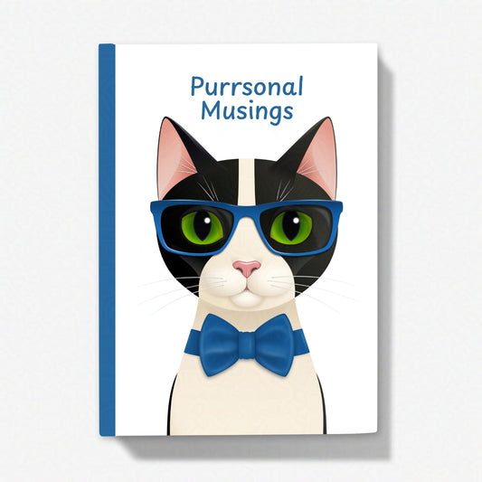 5x7 inch journal with Mr Cat wearing blue glasses and a bow tie, beneath ‘Purrsonal Musings’ on a white background