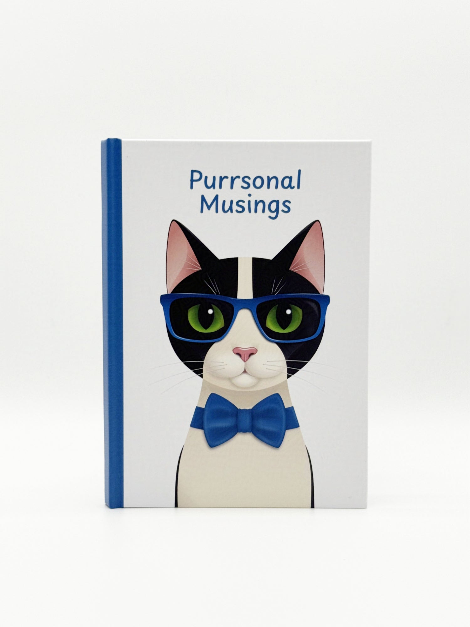 Notebook with a cat illustration wearing sunglasses and a bow tie, titled 'Purrsonal Musings'.