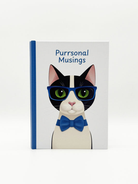 Notebook with a cat illustration wearing sunglasses and a bow tie, titled 'Purrsonal Musings'.