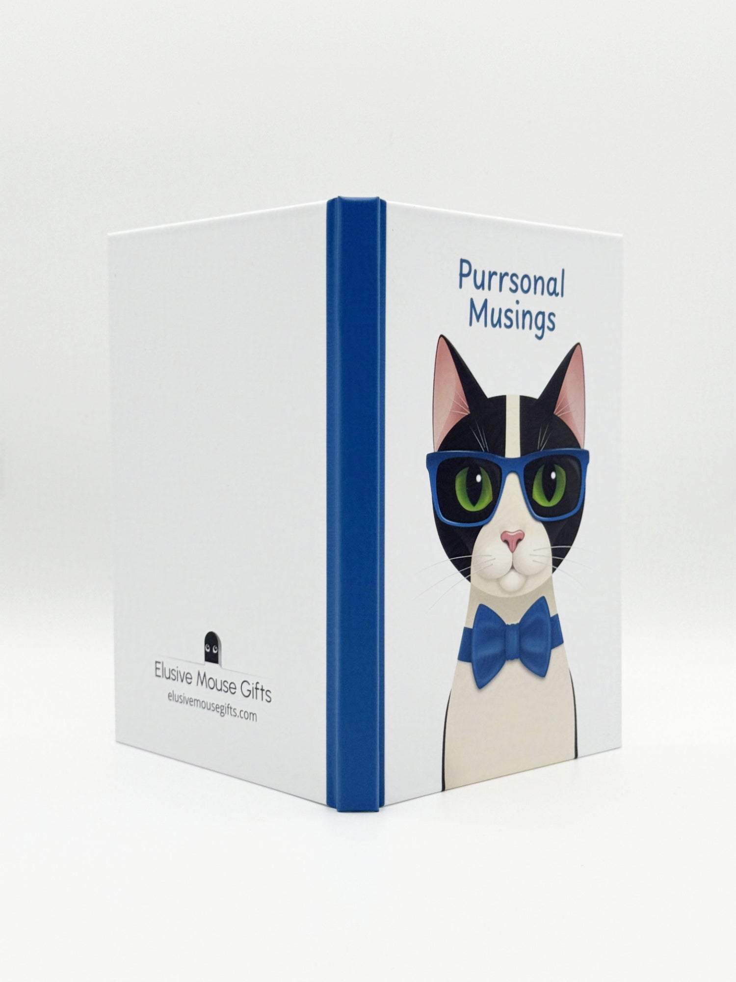 Notebook with a cat illustration on the cover, featuring glasses and a bow tie, on a white background.