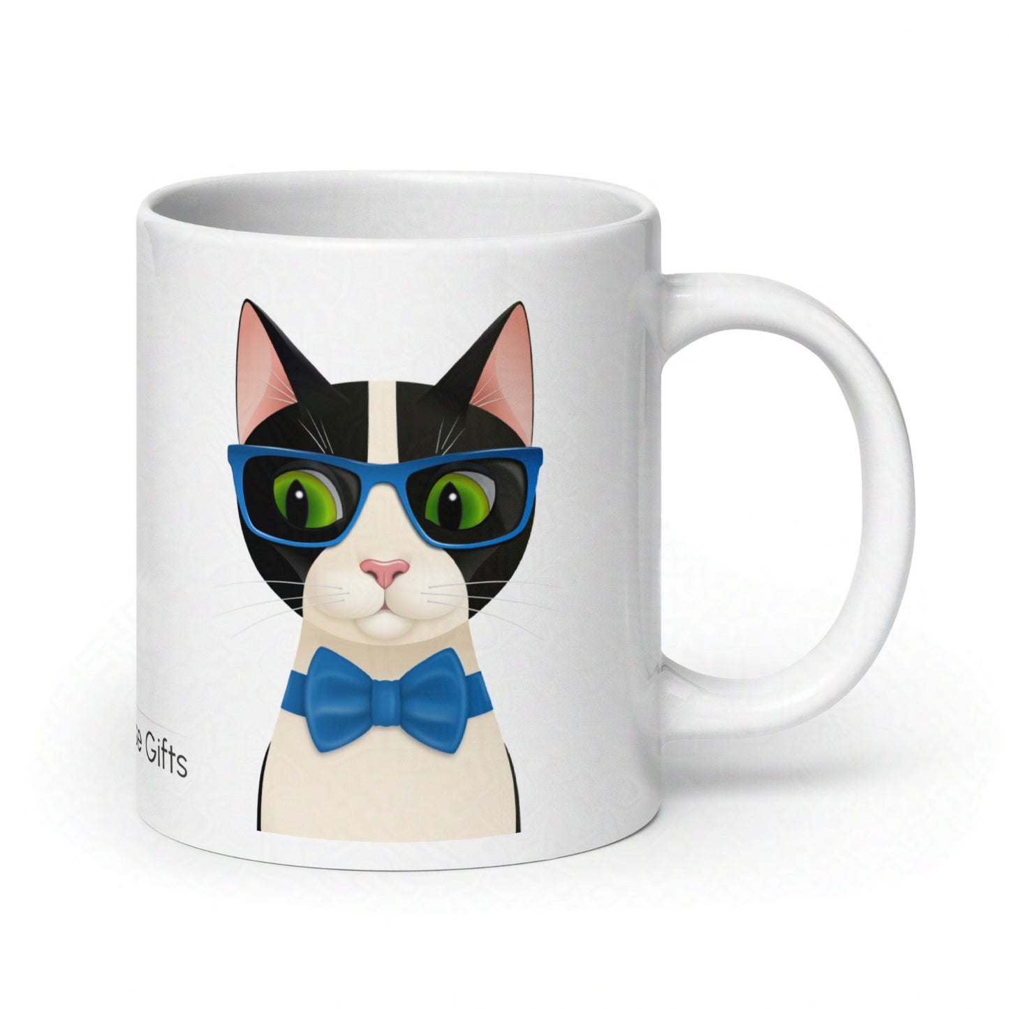 Rear view of Mr Cat 20oz mug showing handle and continuation of design on clean white backdrop