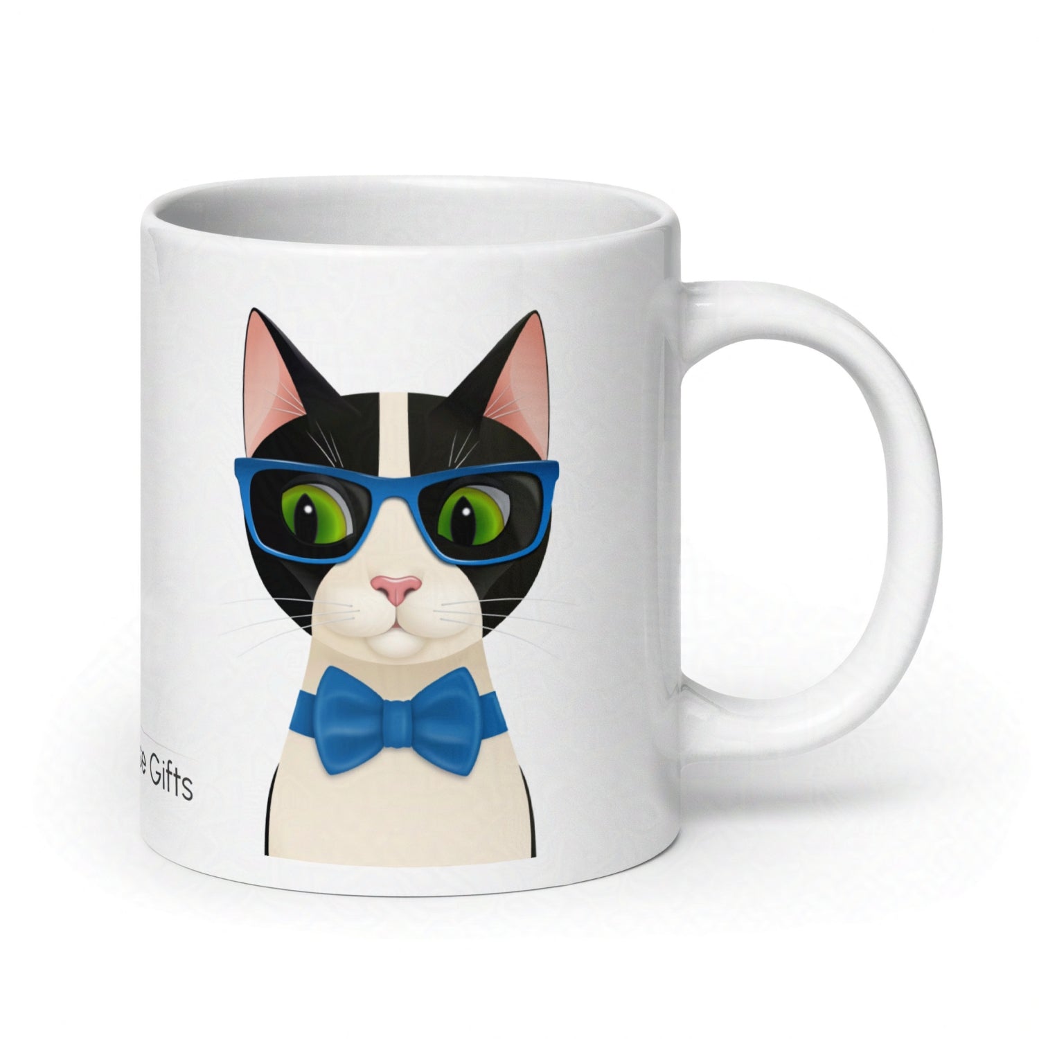 Rear view of Mr Cat 20oz mug showing handle and continuation of design on clean white backdrop
