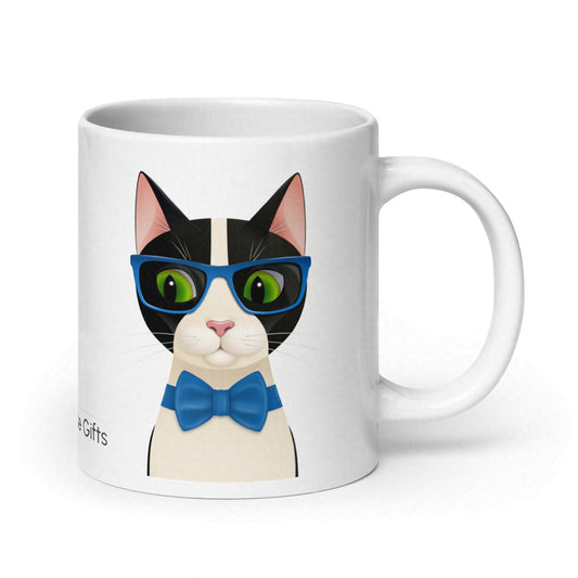 Rear view of Mr Cat 20oz mug showing handle and continuation of design on clean white backdrop