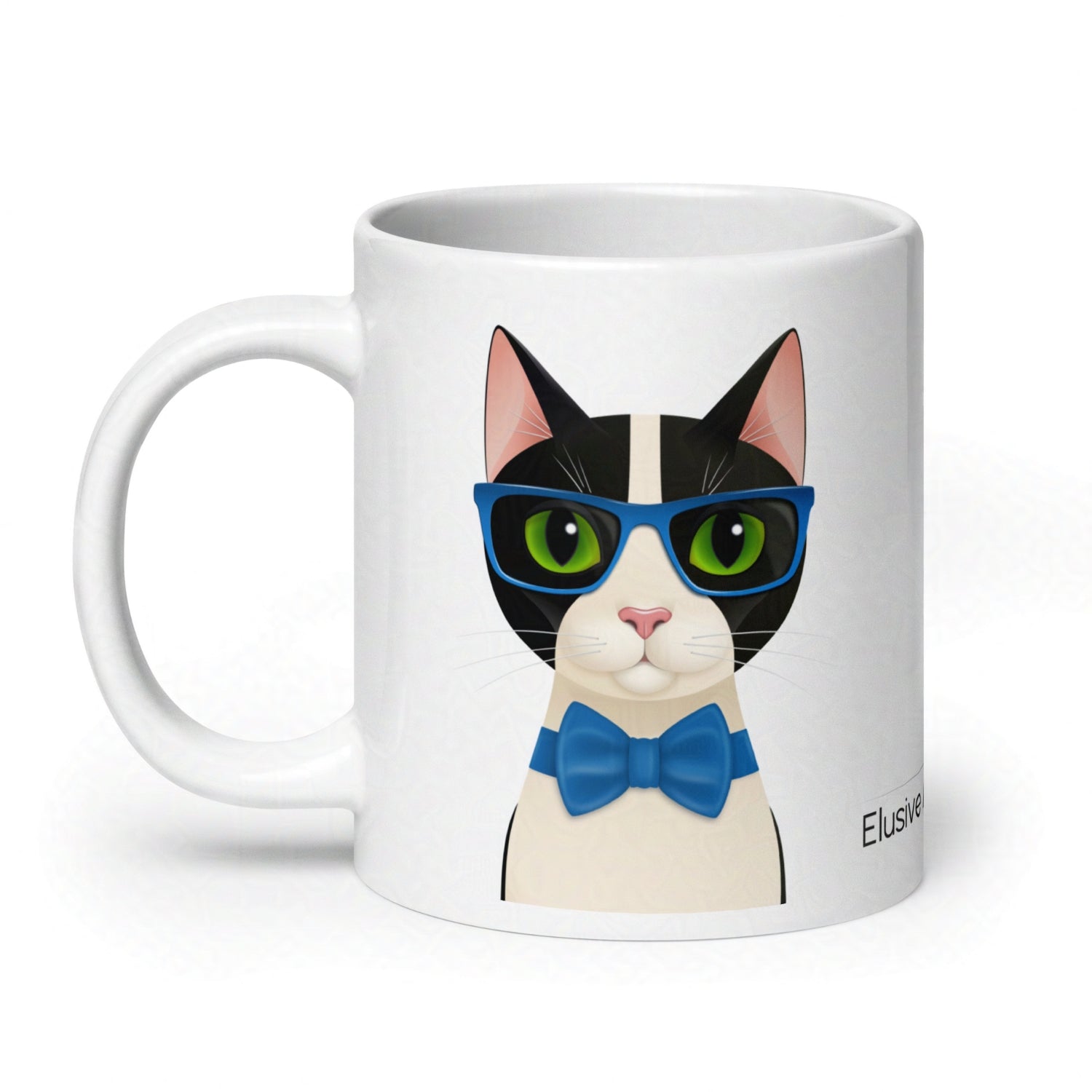 20oz ceramic mug featuring Mr Cat in glasses and a smart blue bow tie, centered on white background.
