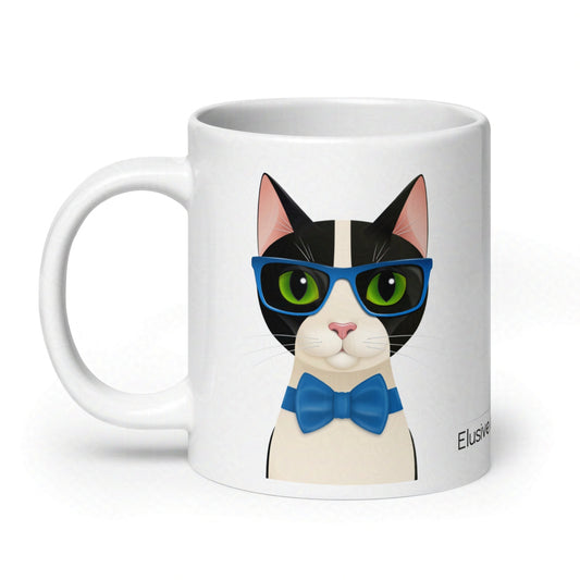 20oz ceramic mug featuring Mr Cat in glasses and a smart blue bow tie, centered on white background.