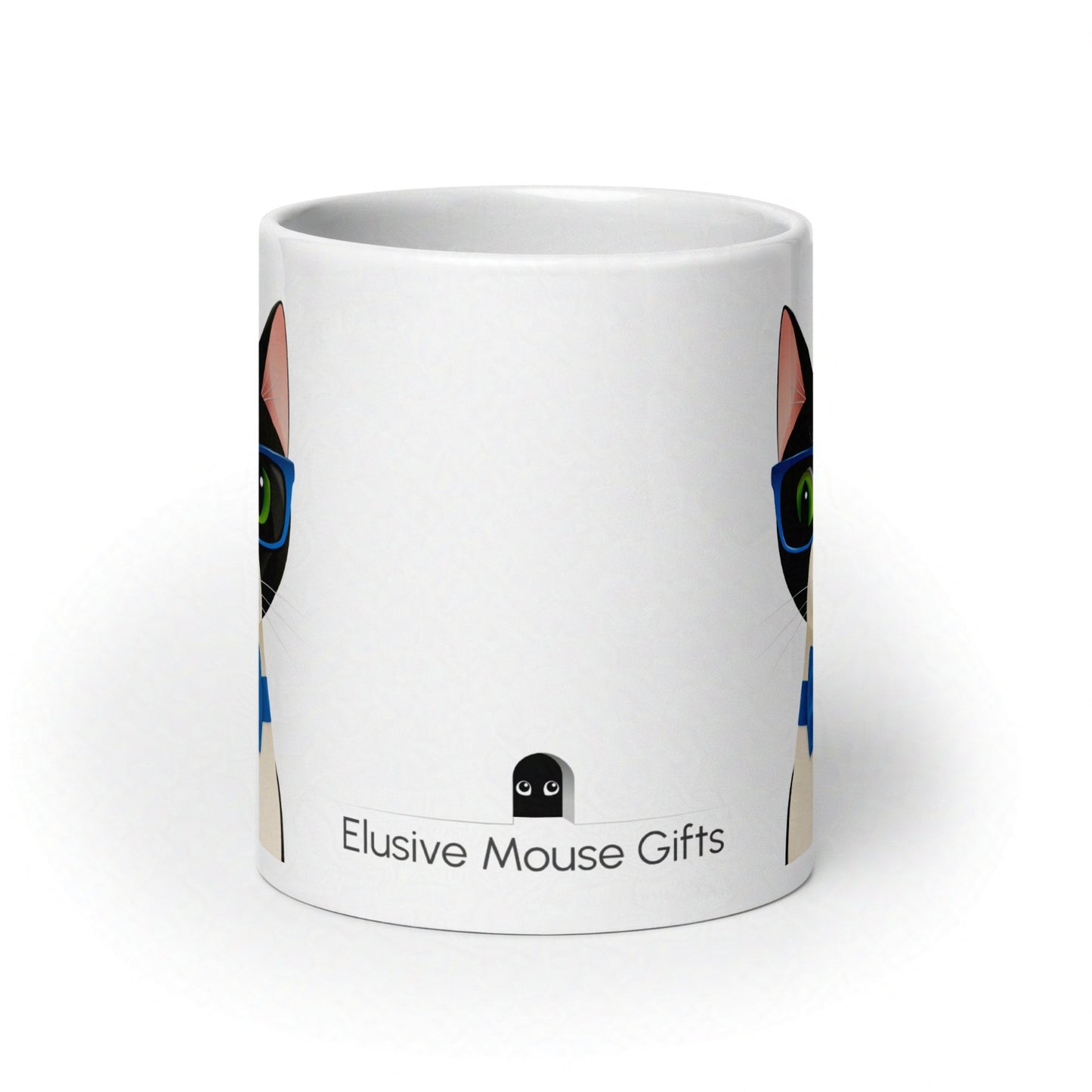 Side view of Mr Cat 20oz mug with a small mouse peering out from a mousehole, eyeing the cat design warily