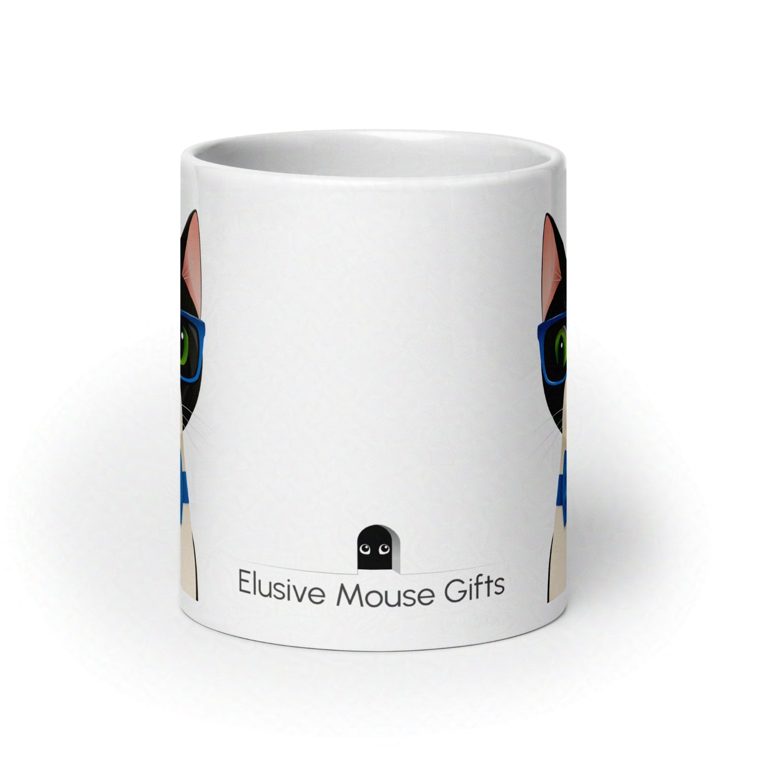 Side view of Mr Cat 20oz mug with a small mouse peering out from a mousehole, eyeing the cat design warily