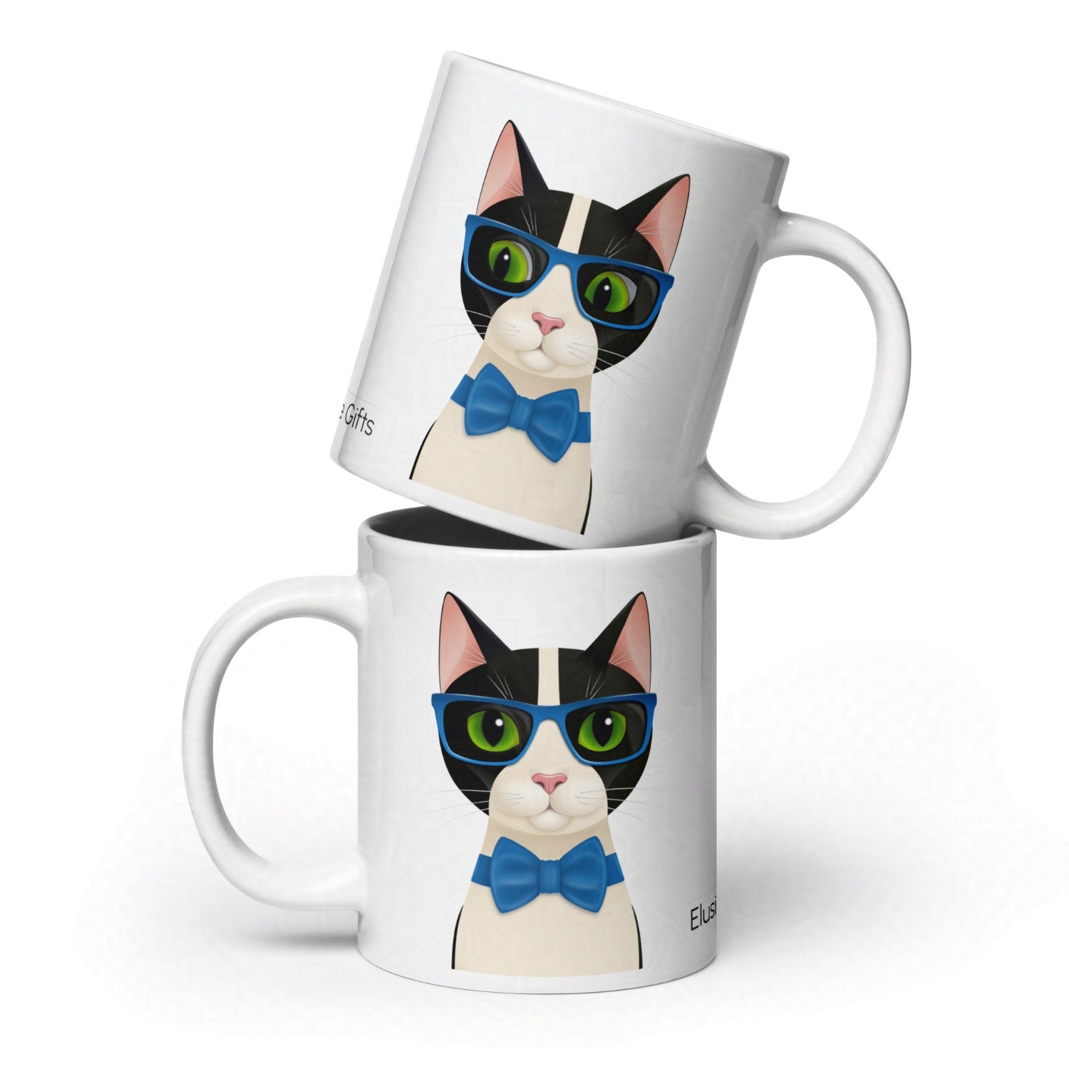 Two 20oz Mr Cat mugs stacked to showcase the stylish feline illustration and smooth ceramic surface