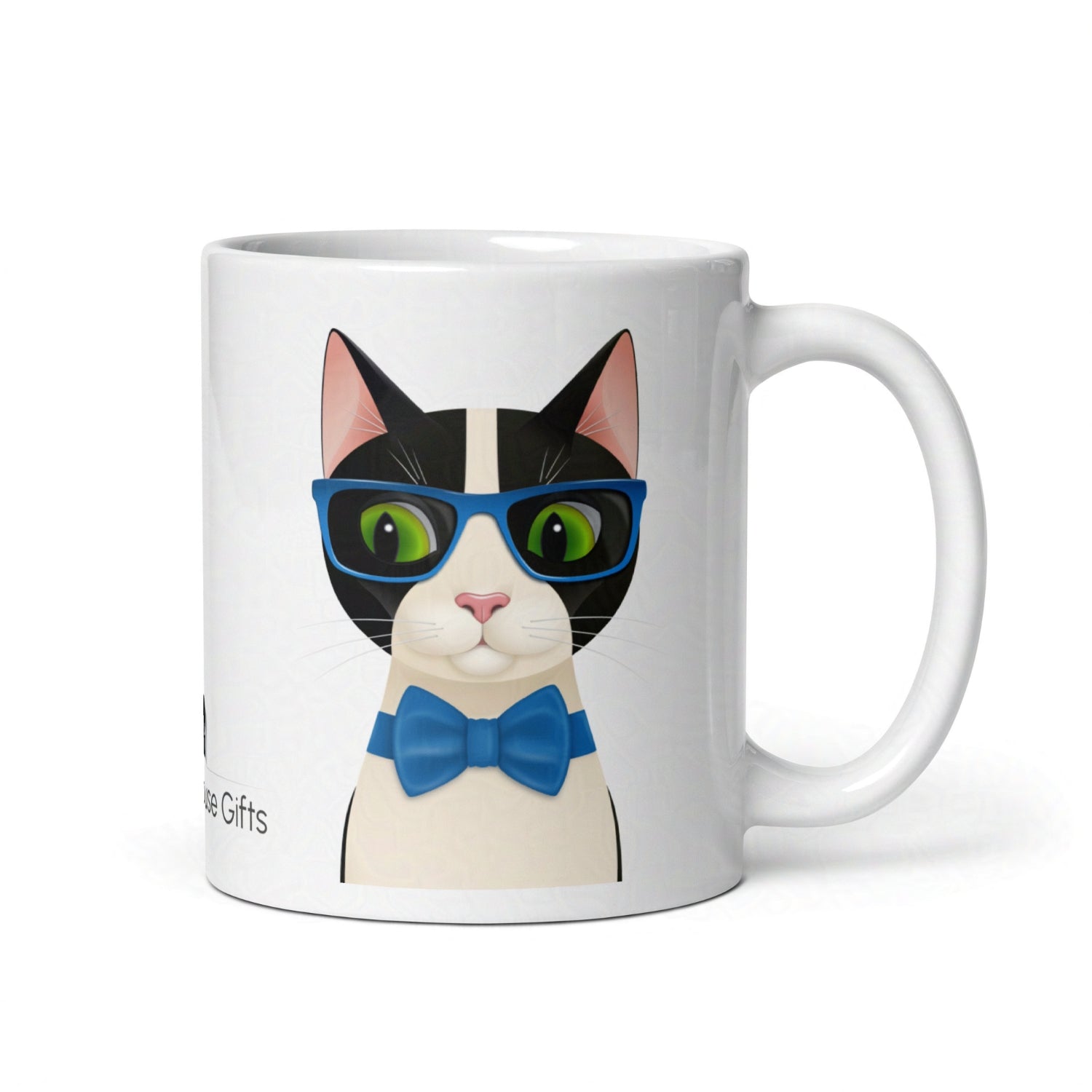 Rear view of Mr Cat 11oz mug showing handle and continuation of design on clean white backdrop