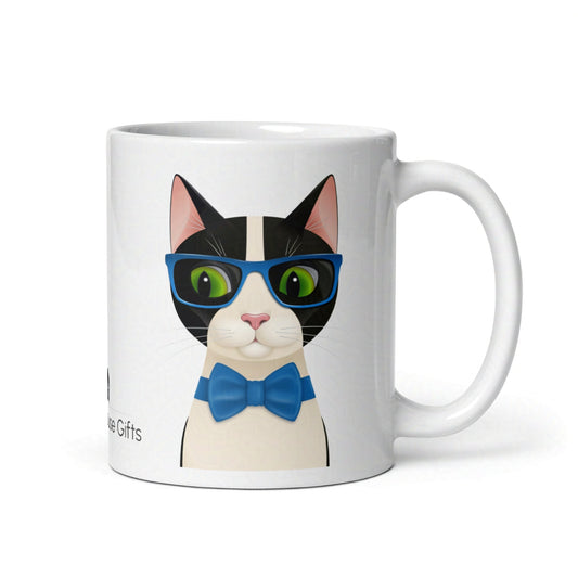 Rear view of Mr Cat 11oz mug showing handle and continuation of design on clean white backdrop