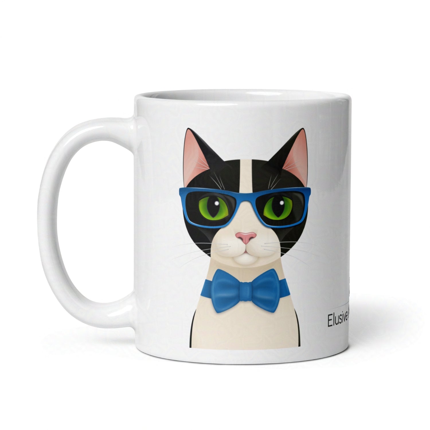 11oz ceramic mug featuring Mr Cat in glasses and a smart blue bow tie, centered on white background