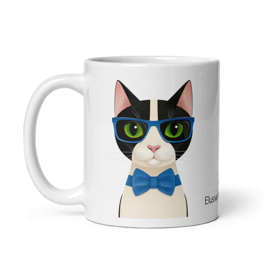 11oz ceramic mug featuring Mr Cat in glasses and a smart blue bow tie, centered on white background