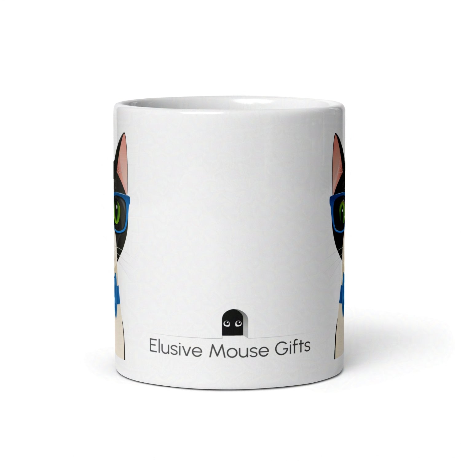 Side view of Mr Cat 11oz mug with a small mouse peering out from a mousehole, eyeing the cat design warily