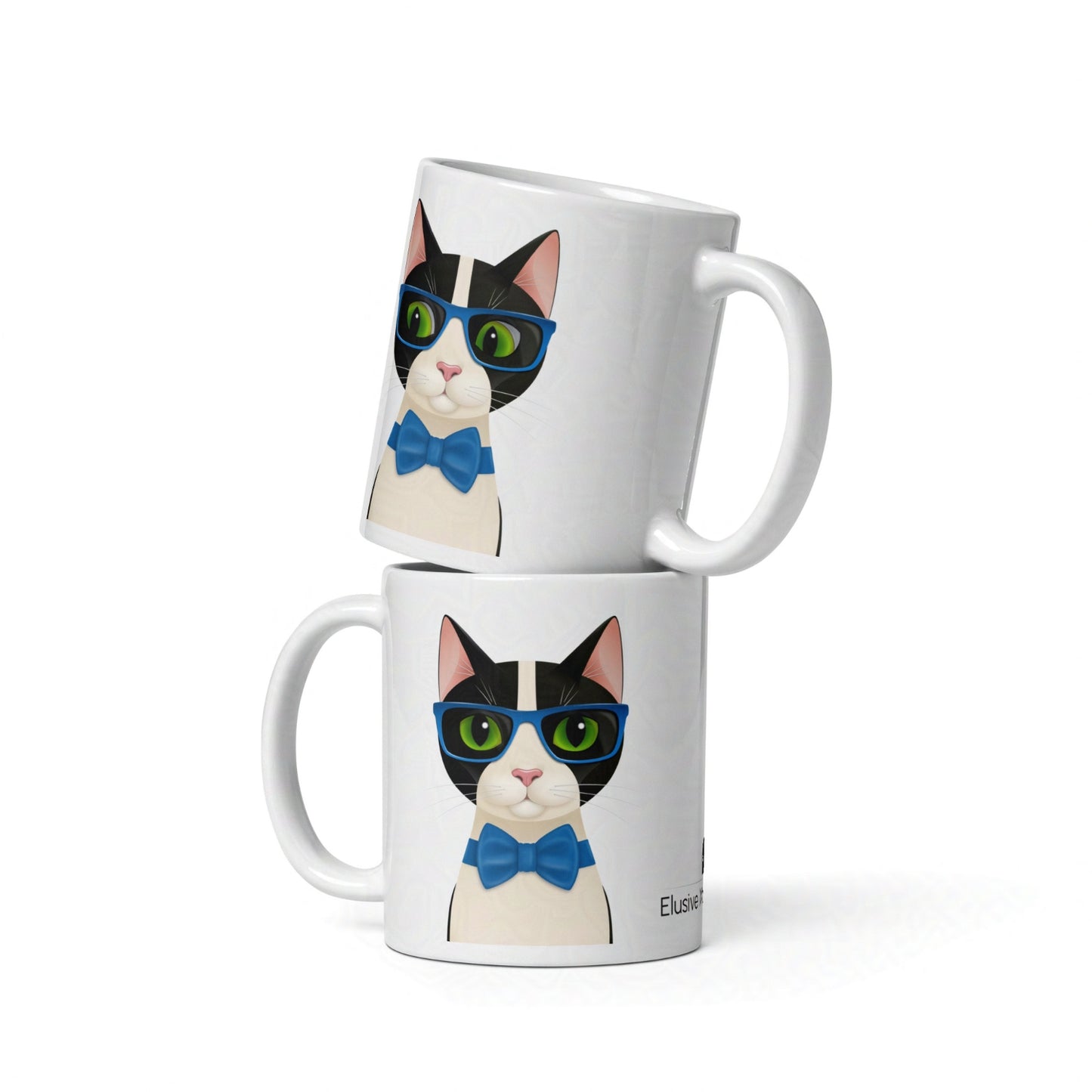 Two 11oz Mr Cat mugs stacked to showcase the stylish feline illustration and smooth ceramic surface