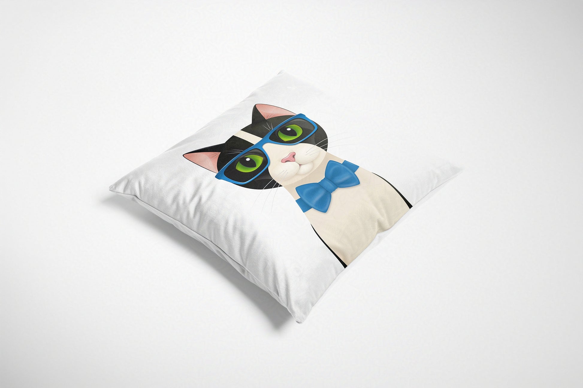 Cushion with a cat design wearing a bow tie on a white background