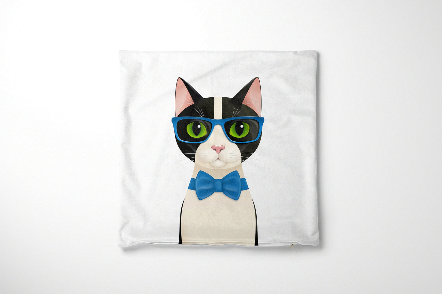 Cushion cover with a cat design wearing glasses and a bow tie on a white background