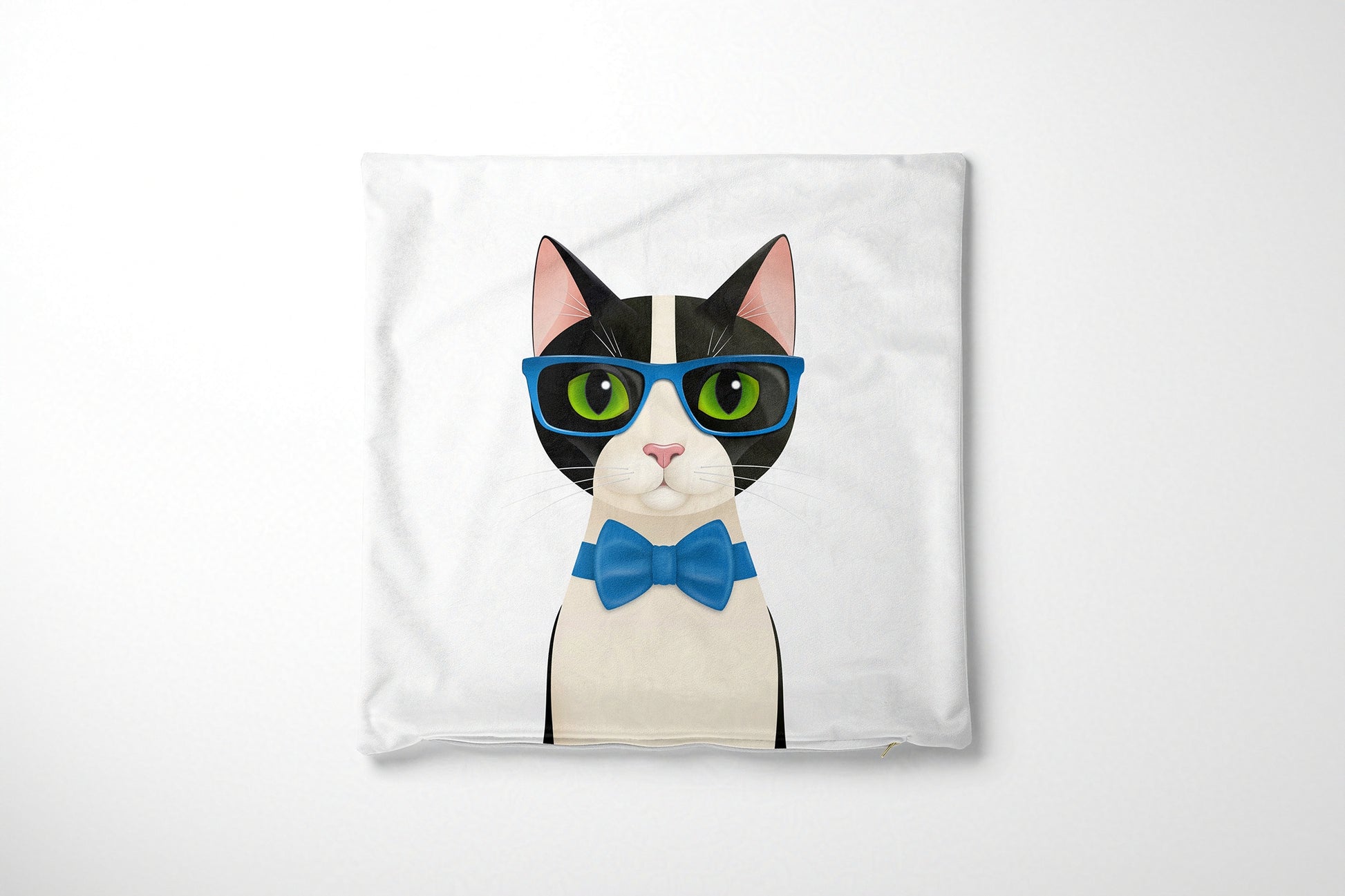 Cushion cover with a cat design wearing glasses and a bow tie on a white background